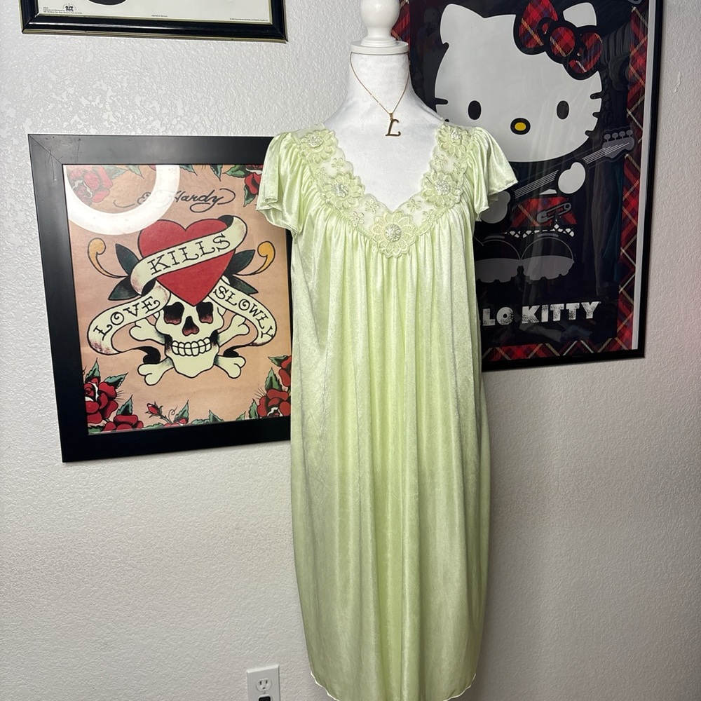 Sindrella Vintage Green Floral Detail Maxi Sleep Dress Sleepwear Cozy